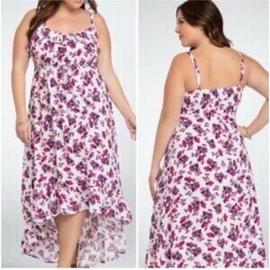 torrid White Floral High-Low Maxi Dress with Pink & Purple Print